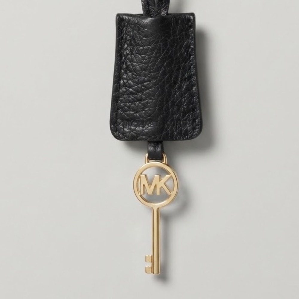Michael Kors Black Pebbled Leather Clochette Bag Charm Gold MK Logo Key Fob